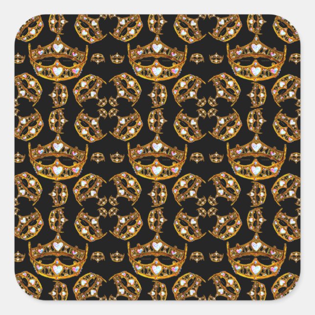 Queen hearts gold crown tiara black square sticker (Front)