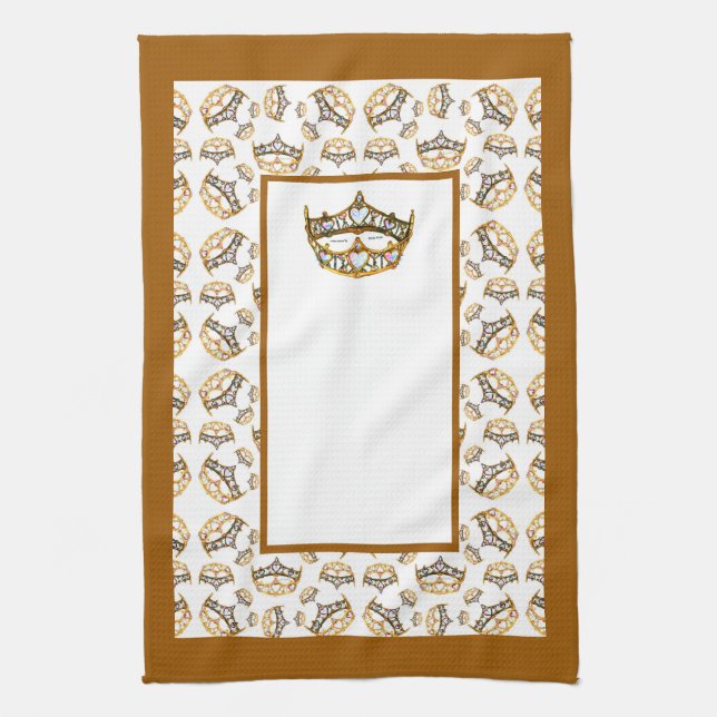Queen hearts gold crown tiara border kitchen towel (Vertical)