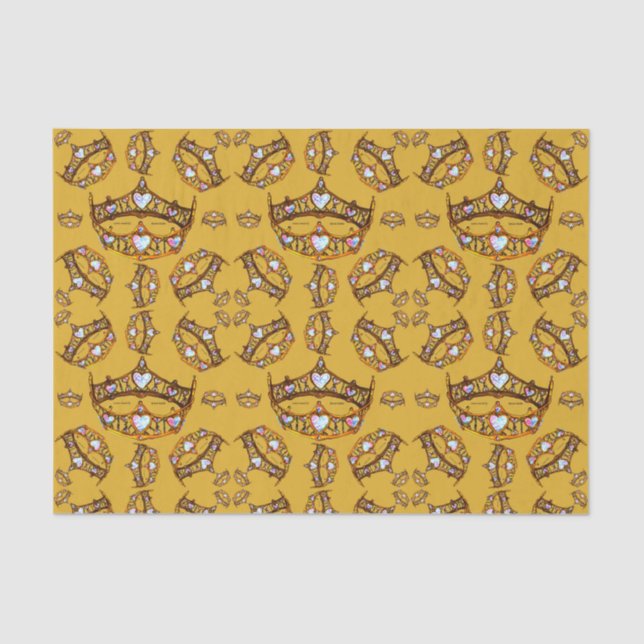 Queen Hearts Gold Crown Tiara pattern mustard Tissue Paper (Front)