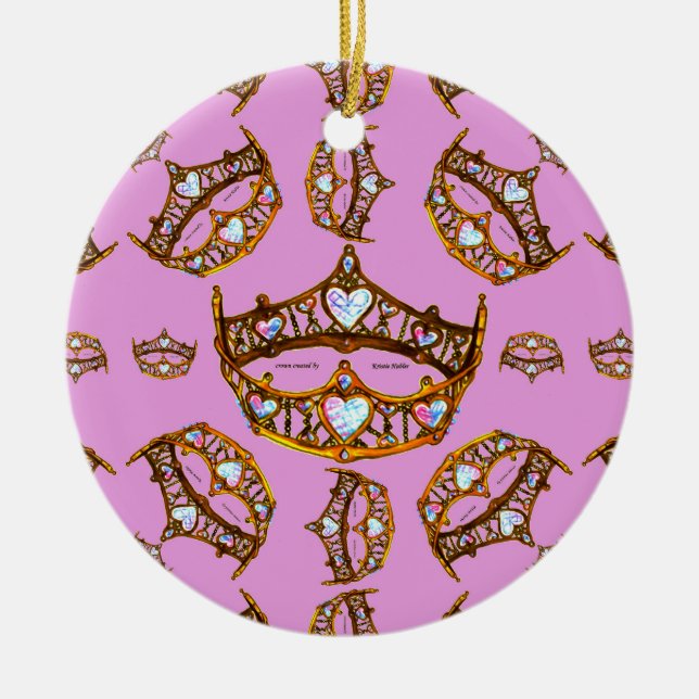 Queen Hearts Gold Crown Tiara pattern pink lilac Ceramic Tree Decoration (Front)