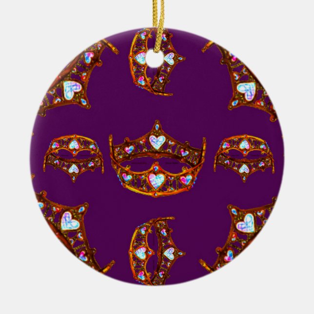 Queen Hearts Gold Crown Tiara pattern royal purple Ceramic Tree Decoration (Front)