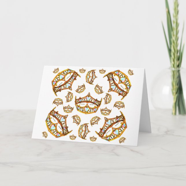 Queen hearts gold crown tiara white greeting card (Front)