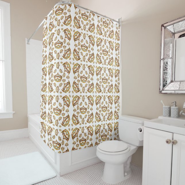 Queen hearts gold crown tiara white shower curtain (In Situ)