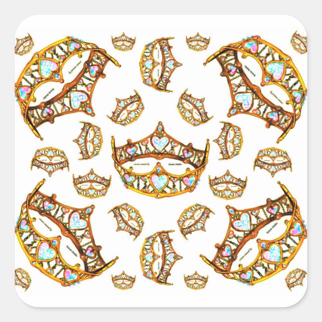 Queen hearts gold crown tiara white square sticker (Front)