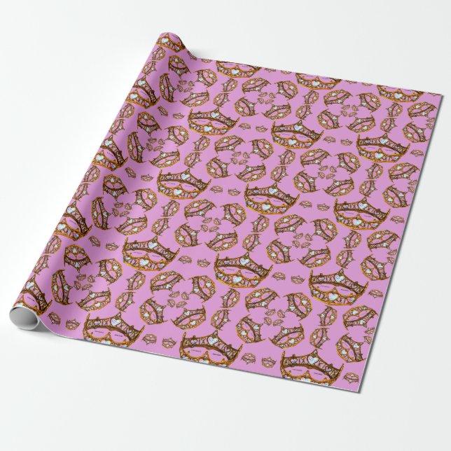 Queen Hearts Gold Crowns Tiaras pink lilac gift Wrapping Paper (Unrolled)