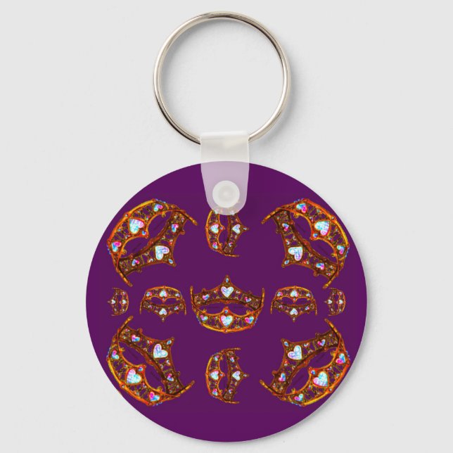 Queen Hearts Gold Crowns Tiaras royal purple Key Ring (Front)