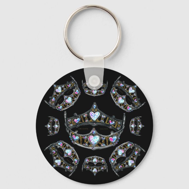 Queen Hearts Silver Crowns Tiaras black keychain (Front)