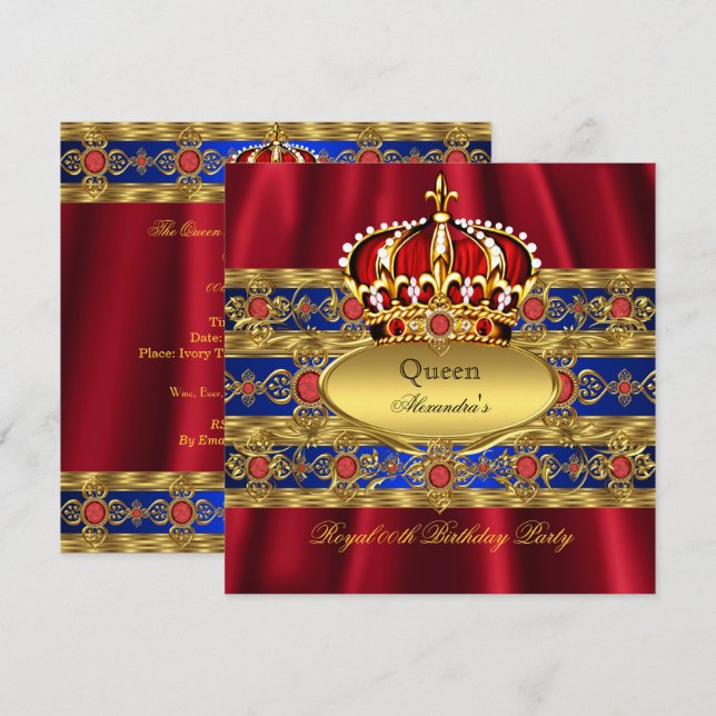 Queen King Prince Royal Blue Regal Red Crown 2 Invitation (Front/Back)