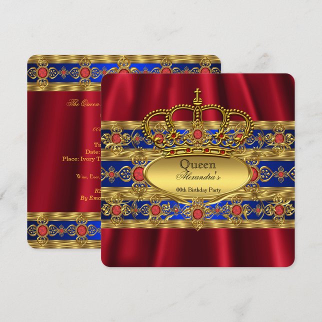Queen King Prince Royal Blue Regal Red Crown Invitation (Front/Back)
