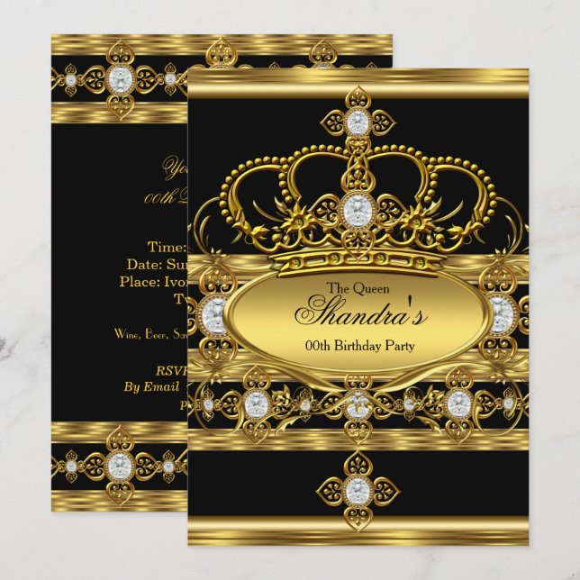 Queen King Prince Royal Gold Diamond Crown Party Invitation (Front/Back)