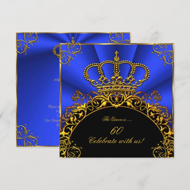 Queen King Regal Gold Royal Blue Birthday Party Invitation (Front/Back)