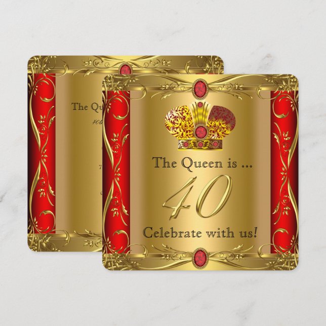 Queen King Regal Red Gold 40th Birthday Party Invitation (Front/Back)