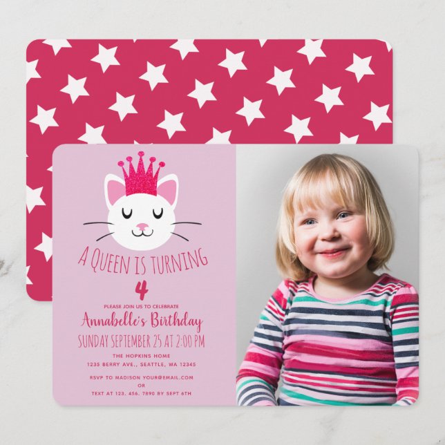 Queen Kitty Cute Girl Child's Birthday Invitation (Front/Back)