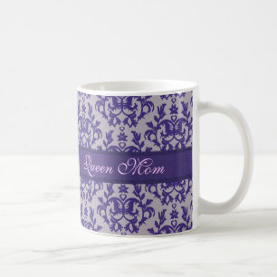 Queen Mum damask purple grey mug