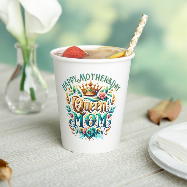 Queen Mum Floral Retro Typography Paper Cups (Insitu)