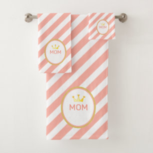 Queen Mum's Crown on  Coral & White Striped Bath Towel Set