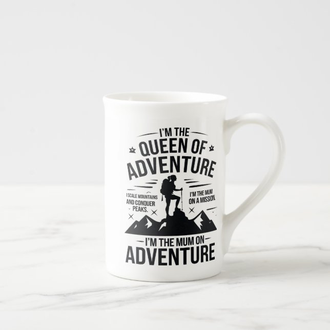 Queen of Adventure Hiking Mum Typography Design Bone China Mug (Right)