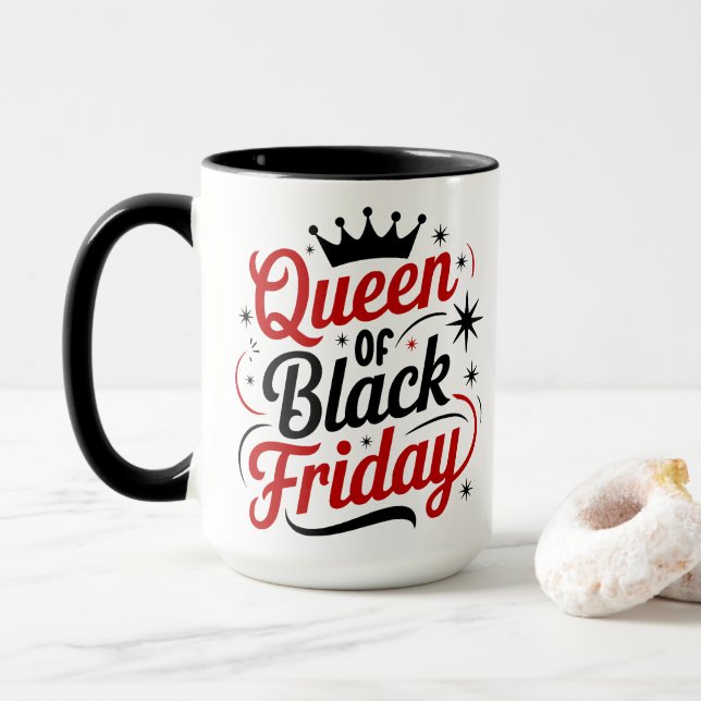 Queen of Black Friday Minimalistic Red Typography Mug (With Donut)