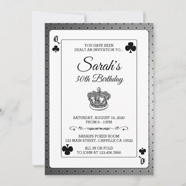 Queen of Clubs Poker Playing Cards Birthday Invite (Front)