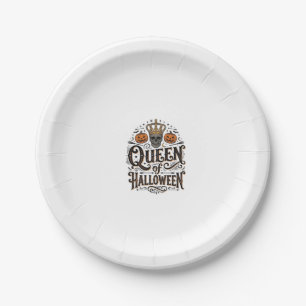 Queen of Halloween Vintage Skull Pumpkin Shirt Des Paper Plate