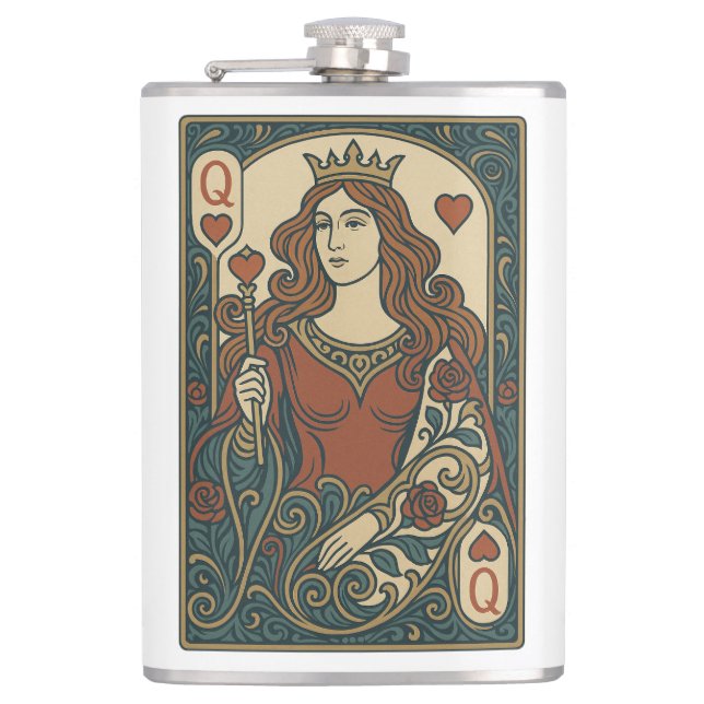 Queen of Hearts — Art Nouveau Rosework Portrait Hip Flask (Front)