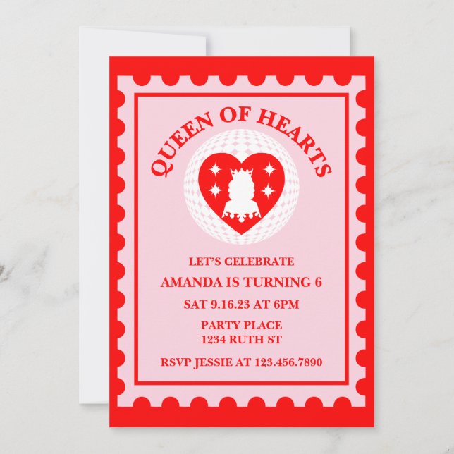 Queen Of Hearts Birthday Party Postage Stamp Invitation (Front)