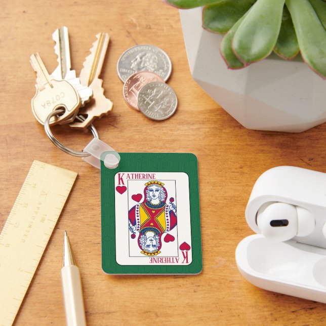 Queen of Hearts Custom Name Playing Card Key Ring (Desk)