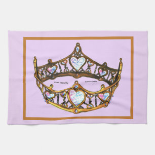 Queen of Hearts Gold Crown Tiara pink thistle Tea Towel