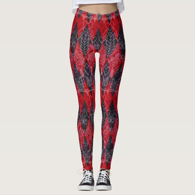 Queen of Hearts Harlequin Red Black White Leggings (Front)