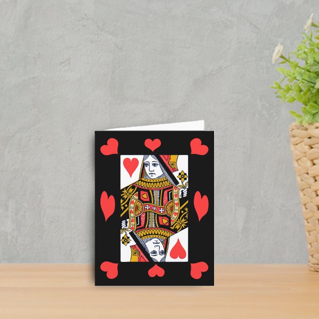 Queen of Hearts Notecard (Heart Queen playing card surrounded by red hearts on black notecard.)