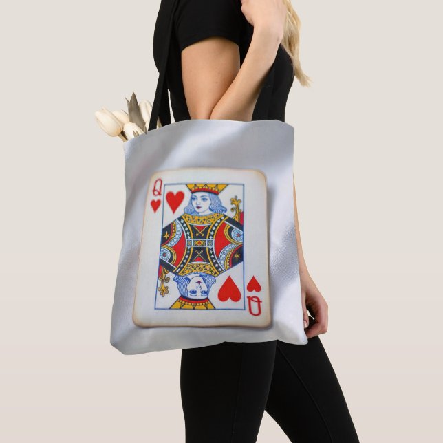 Queen of Hearts On White Satin Fabric Tote Bag (Close Up)