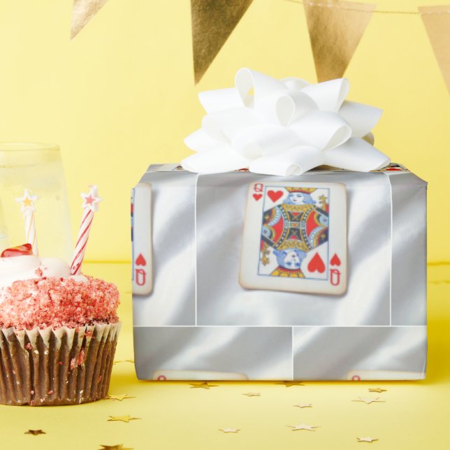 Queen of Hearts On White Satin Fabric Wrapping Paper (Birthday Party)