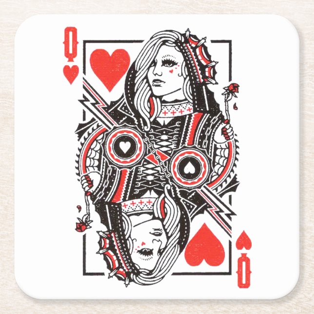Queen of Hearts Oversized Graphic, Playing Cards Square Paper Coaster (Front)