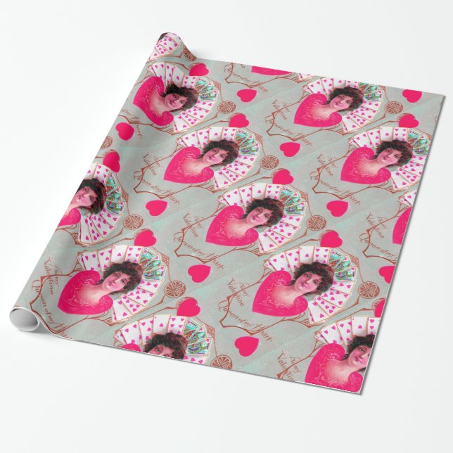 QUEEN OF HEARTS ,Pink Fuchsia Valentine's Day Wrapping Paper (Unrolled)