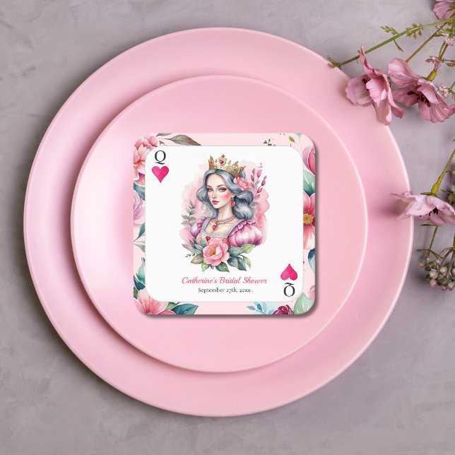 Queen Of Hearts Playing Card Pink Bridal Shower Square Paper Coaster (Creator Uploaded)