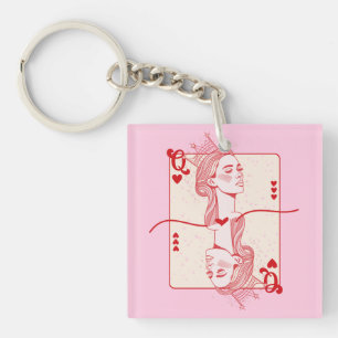 Queen of Hearts Red and Pink Preppy Art Key Ring