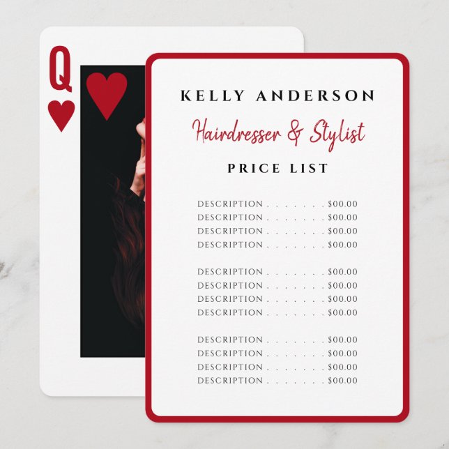 Queen of Hearts Red Photo Services Hairdresser Menu (Front/Back)