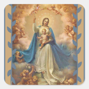 Queen of Heaven Infant With Jesus & Angels Square Sticker