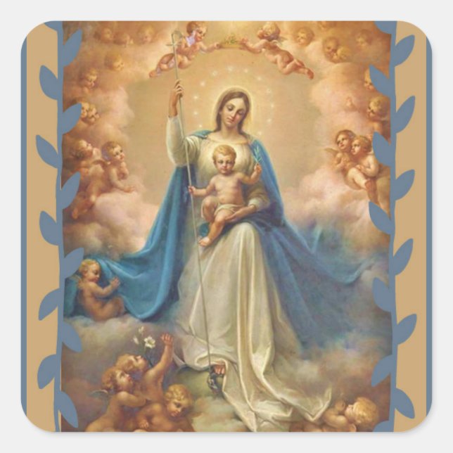 Queen of Heaven Infant With Jesus & Angels Square Sticker (Front)