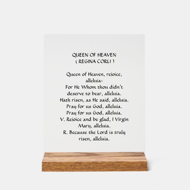Queen of Heaven ( Regina Coeli ) Prayer Acrylic Sign (Front)