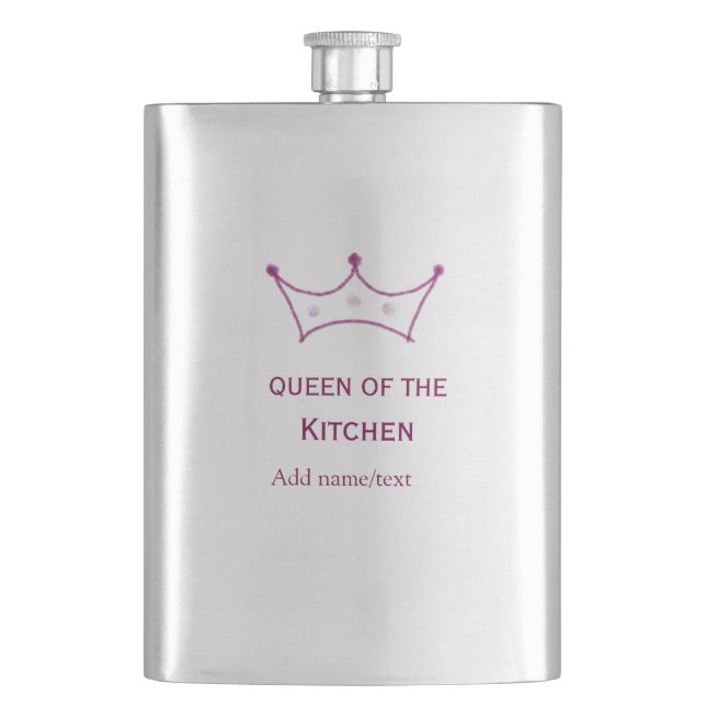 queen of kitchen mauve crown cook chef name hip flask (Front)
