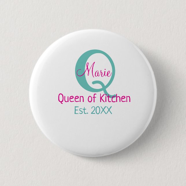 Queen of kitchen monogram green pink simple minima 6 cm round badge (Front)