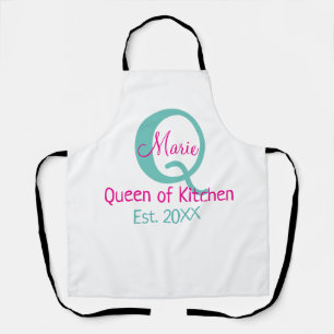 Queen of kitchen monogram green pink simple minima apron