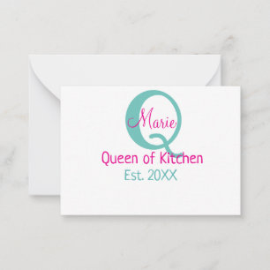 Queen of kitchen monogram green pink simple minima card
