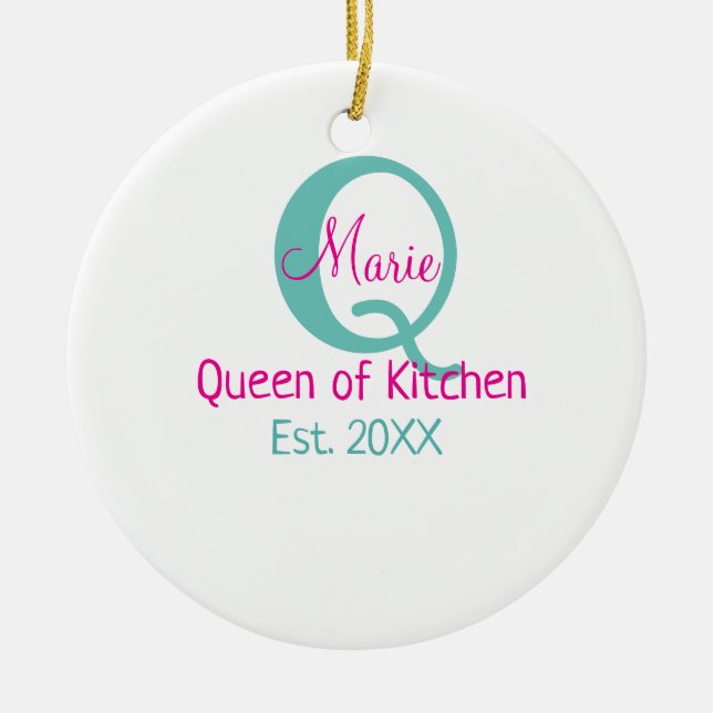 Queen of kitchen monogram green pink simple minima ceramic tree decoration (Front)