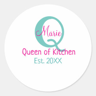 Queen of kitchen monogram green pink simple minima classic round sticker