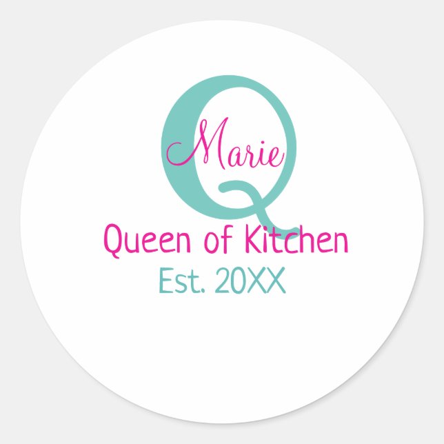 Queen of kitchen monogram green pink simple minima classic round sticker (Front)