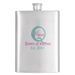 Queen of kitchen monogram green pink simple minima hip flask