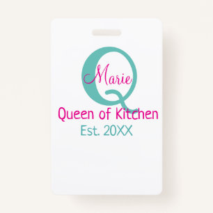 Queen of kitchen monogram green pink simple minima ID badge