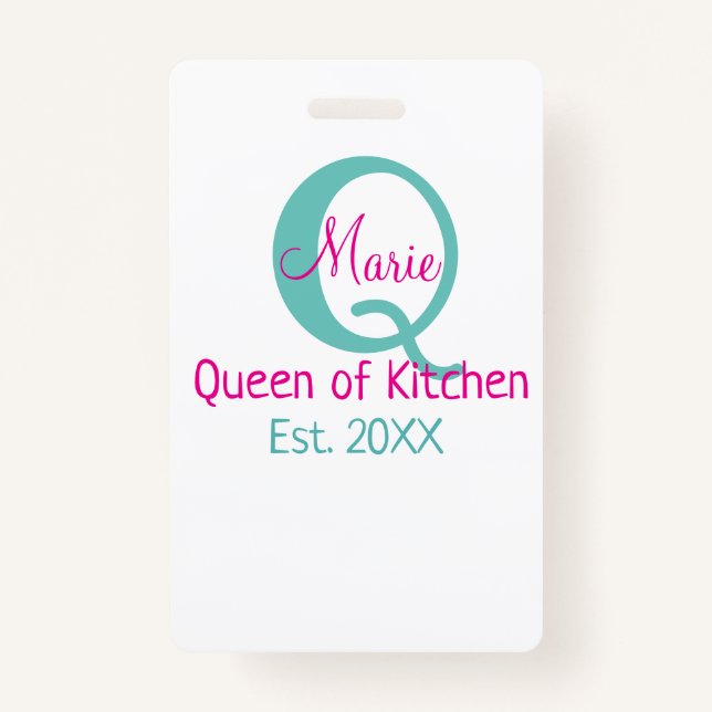 Queen of kitchen monogram green pink simple minima ID badge (Front)